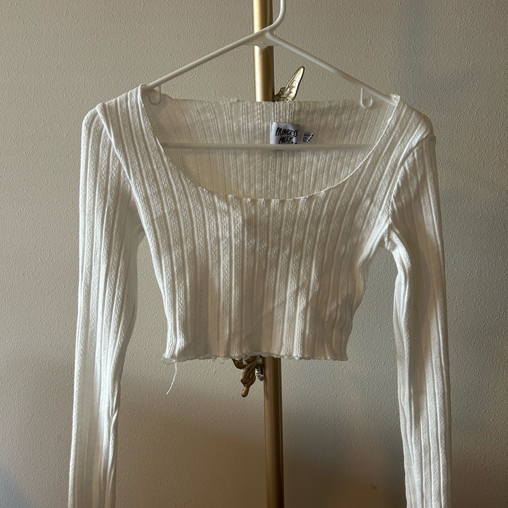 White Ribbed Off-Shoulder Crop Top - - Picture 3 of 4